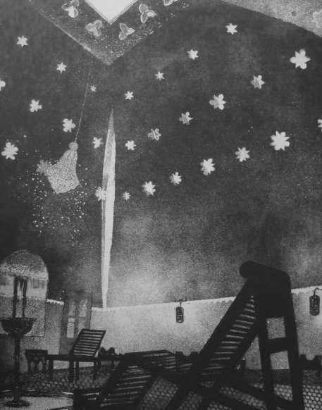 Etching showing inside of the arlington baths club turkish bath